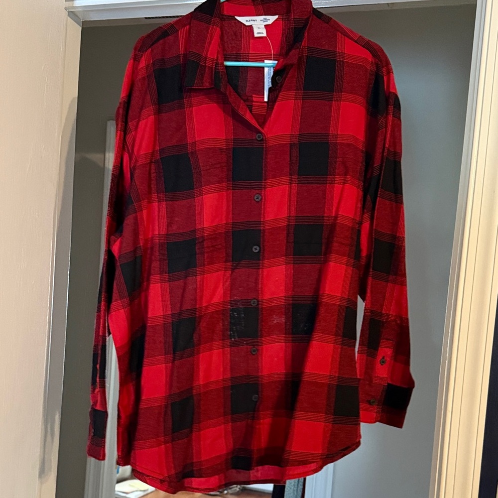 Red and Black Plaid Button-Up Flannel Shirt
